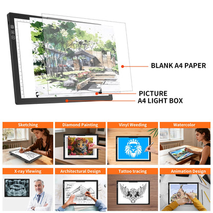 HIUKCOLED Rechargeable A4 Light Pad, Battery Powered Light Board with Top Clip＆Stand, Stepless Dimmable＆6-Level Brightness Adjustable, Wireless LED Tracing Box for Diamond Painting,Drawing,Sketching