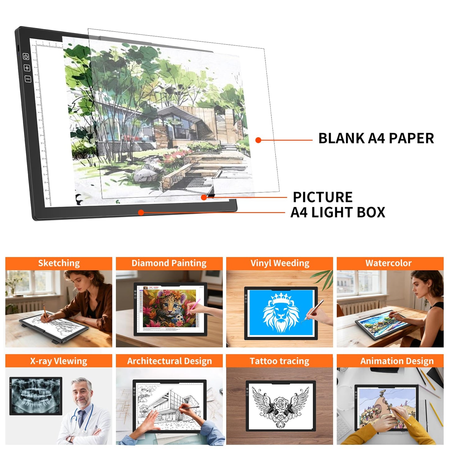 HIUKCOLED Rechargeable A4 Light Pad, Battery Powered Light Board with Top Clip＆Stand, Stepless Dimmable＆6-Level Brightness Adjustable, Wireless LED Tracing Box for Diamond Painting,Drawing,Sketching