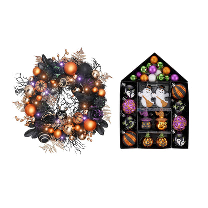 Valery Madelyn Halloween Decorations Value Bundle (2 Items), 26 Inch Halloween Wreath & 40ct Halloween Ornaments Tree Decorations for Holiday Party Indoor Home Decor