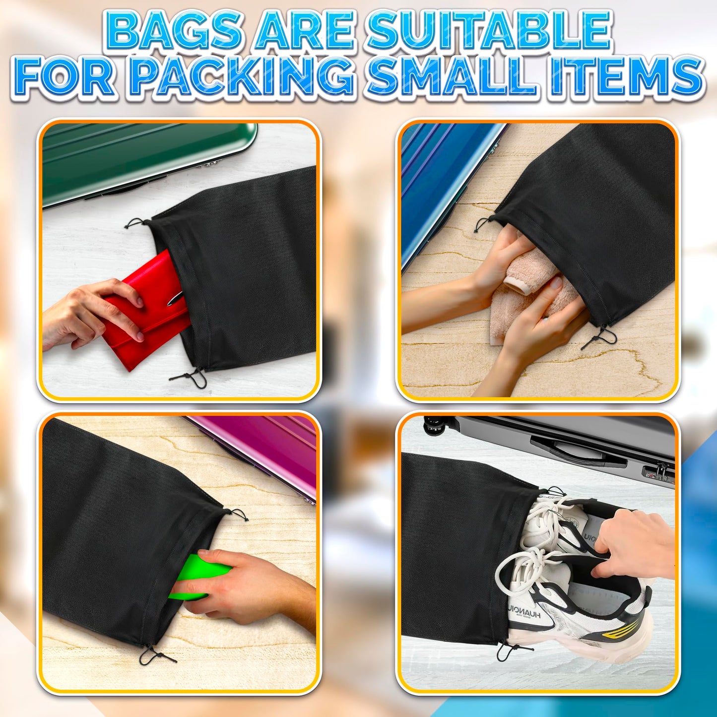 10 Pack Travel Shoe Bag Set – 11.8" x 15.75" Waterproof Drawstring Black Shoe Bags for Travel, Clothes, or Wet Gear – Lightweight Storage Organizer and Packing Essential for Women & Men
