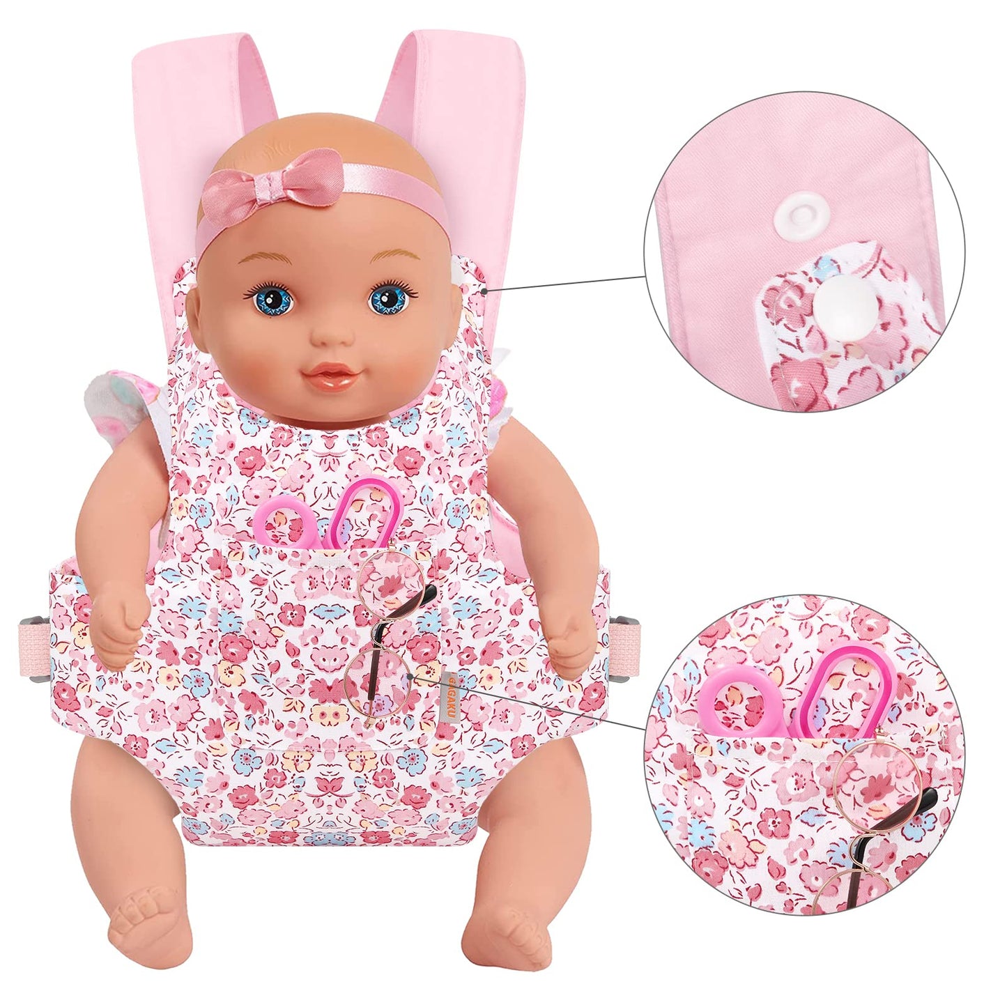 GAGAKU Baby Doll Carrier Stuffed Animal Carrier for Girls Doll Accessory Adjustable Straps for 12 to 20 inch Reborn Baby Dolls - Pink Flowers