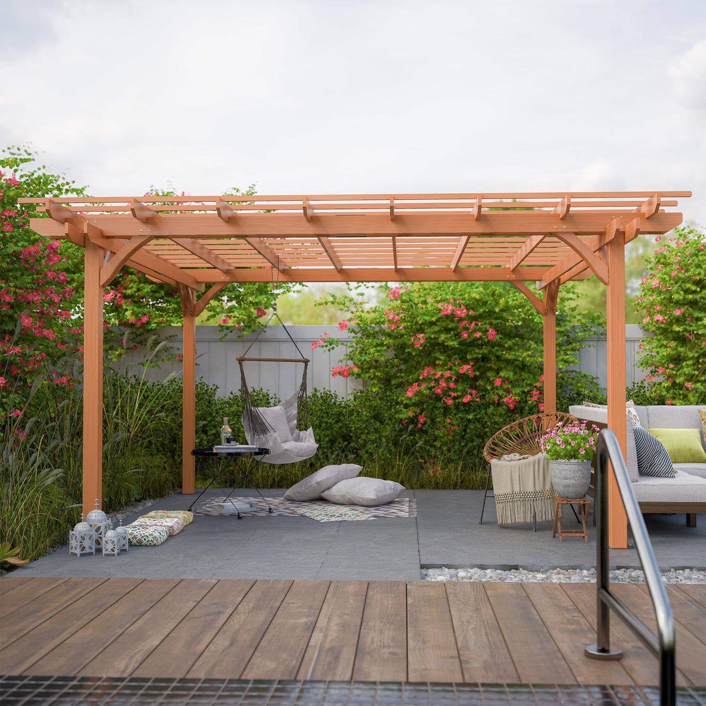 Echo Voyage 12' x 14' Outdoor Wood Pergola, Wooden Patio Pergola Gazebo for Climbing Plant Support, Garden,Brown