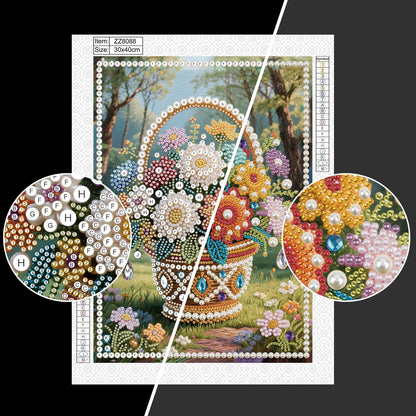 Stalente Pearl Diamond Painting Kits for Adults Flower Basket, 5D Special Shape Diamond Art Kits for Beginners, Crystal Rhinestones Diamond Painting for Home Wall Decoration Gift 12×16inch