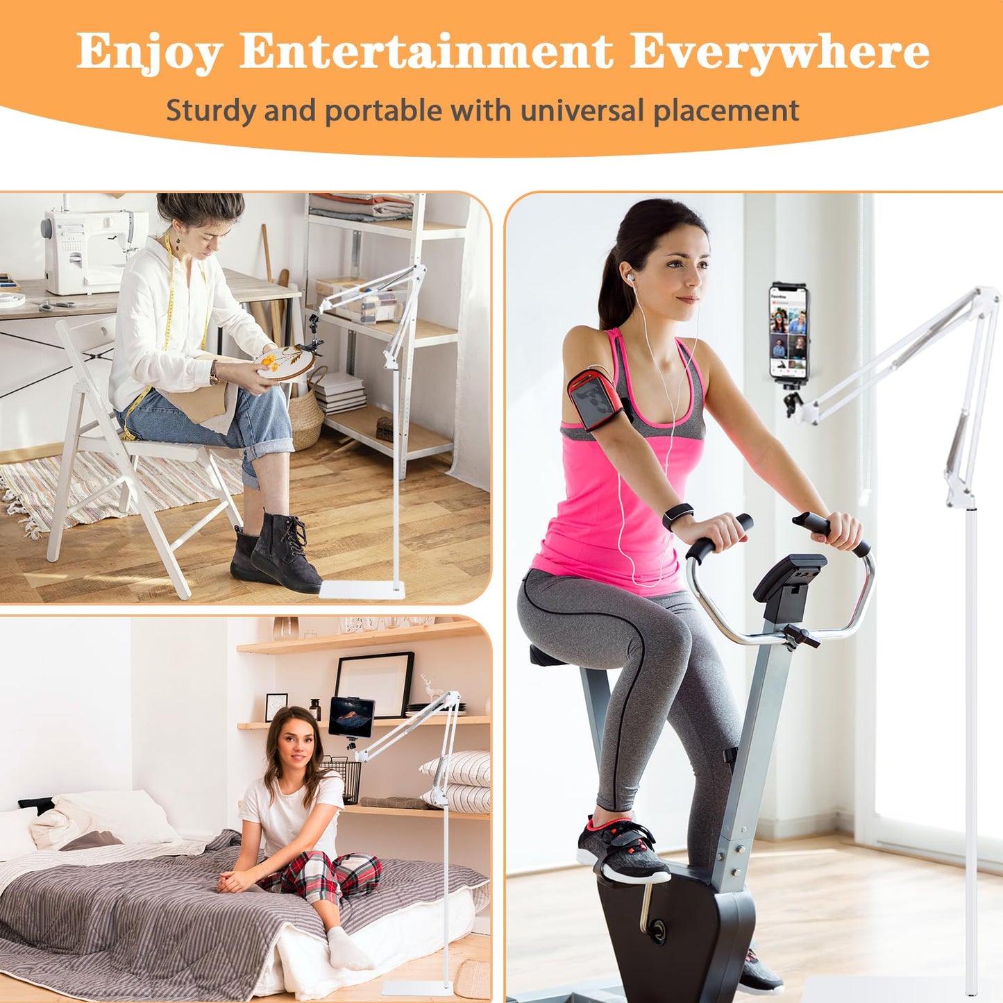 Adjustable Embroidery Hoops Stand for Hand Work,Cross Stitch Frame with 360° Rotation, Hands-Free Stitching,3-in-1 Hoop/Tablet/Phone Holder Floor Stand,White