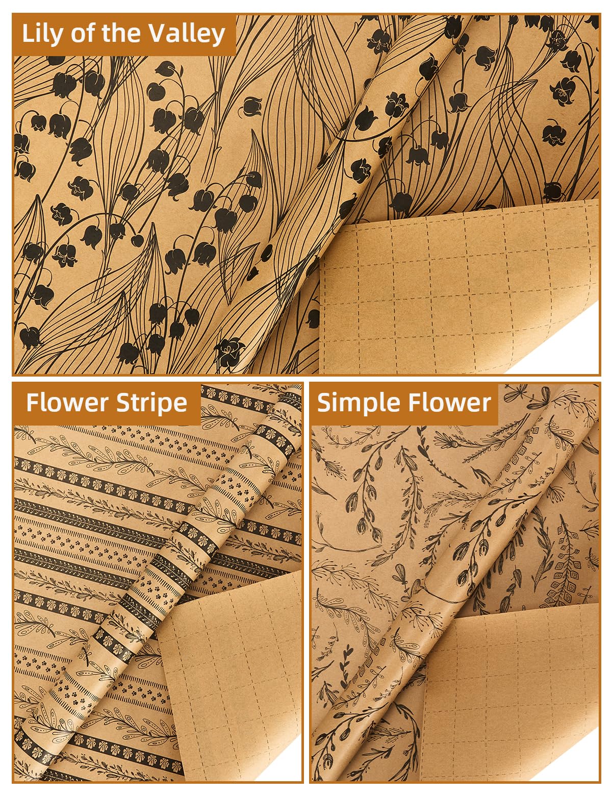 Kraft Floral Wrapping Paper- 3 Mini Rolls, 17 Inch x 9.8 Feet Each- 80gsm Gift Wrapping Paper with 33Ft Wrapping Twine, Grid Lines on Reverse- Perfect for Birthday Mother’s Day Wedding Christian Gifts