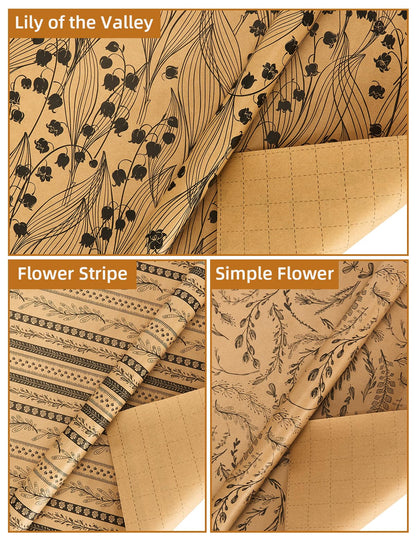 Kraft Floral Wrapping Paper- 3 Mini Rolls, 17 Inch x 9.8 Feet Each- 80gsm Gift Wrapping Paper with 33Ft Wrapping Twine, Grid Lines on Reverse- Perfect for Birthday Mother’s Day Wedding Christian Gifts
