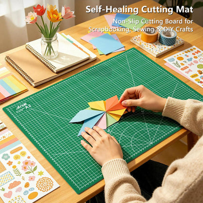 ArtAt Self Healing Cutting Mat: 18″x 24″ Green Double Sided, Non-Slip 5 Layers PVC Durable A2 Sewing Craft Mat for Rotary Cutter, Use for Quilting, Scrapbooking and Craft & Art Projects…