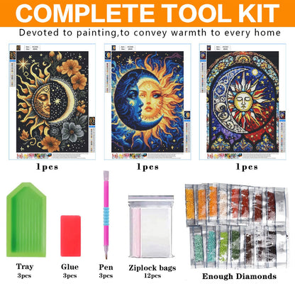 DIPQYART 3 Pack Diamond Art Kits for Adults, Sun and Moon Diamond Painting Kits for Adults, 5D DIY Round Drill Gem Art Paint with Diamonds Dots Crafts Kits for Home Decor Gift 12x16inch