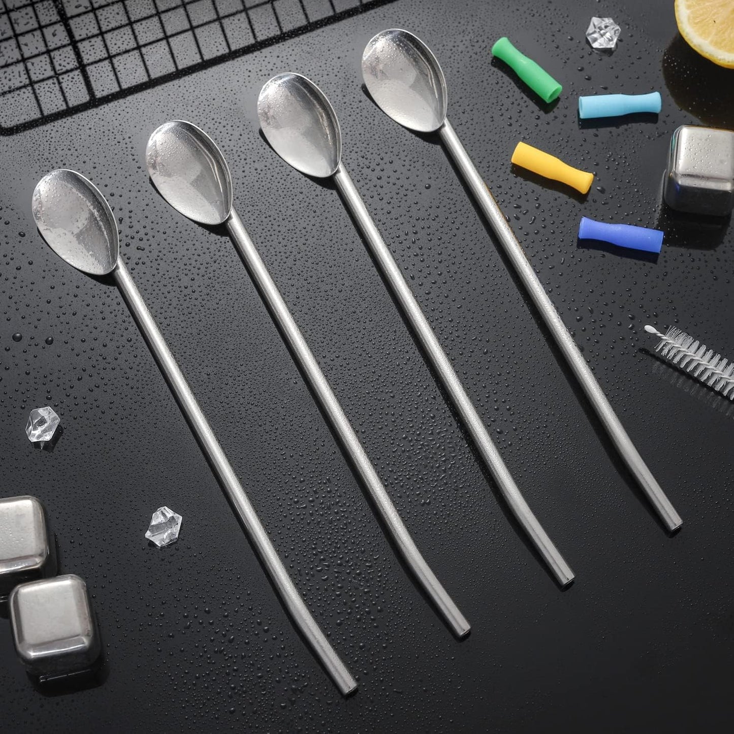 Long Stainless Steel Ice Tea Spoons, Bar Spoons with Straw for Mixing, Stirring, and Drinking