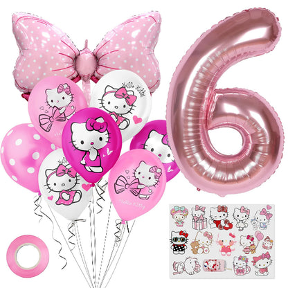 Cute Cartoon Birthday Decoration Party Supplies, Including Pink Thematic Numbers 6 Foil Balloons, Cute Latex Balloons, Cartoon Sticker