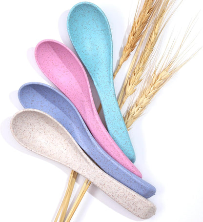 Wheat Straw Travel Spoon Set, 4 Camping Utensils, Portable Silverware for Lunch Box, Eco Friendly Reusable