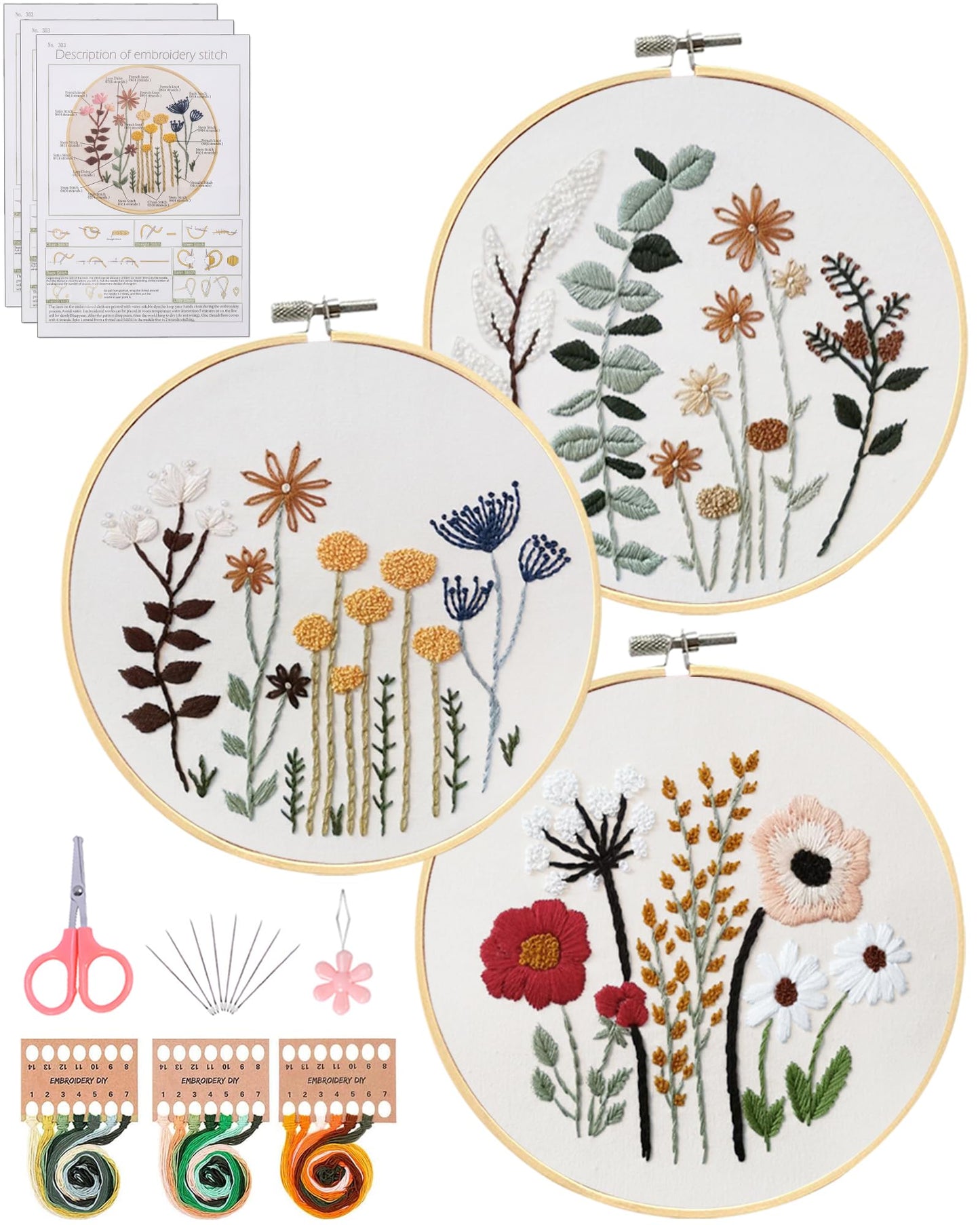 Santune 3 Sets Embroidery Kit,Cross Stitch Kits for Beginners,Needlepoint Kits for Adults with Easy Floral Pattern Hand Crafts,Hoop,Needle,Mothers Day Gifts