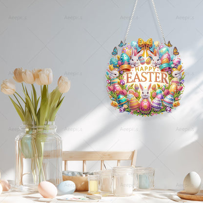 Aeepics Hanging Diamond Art Kit for Adult Easter, DIY Diamonds Painting Pendant Ornament Kit, Acrylic Diamond Art Painting Board Kit (Happy Easter Wreath)