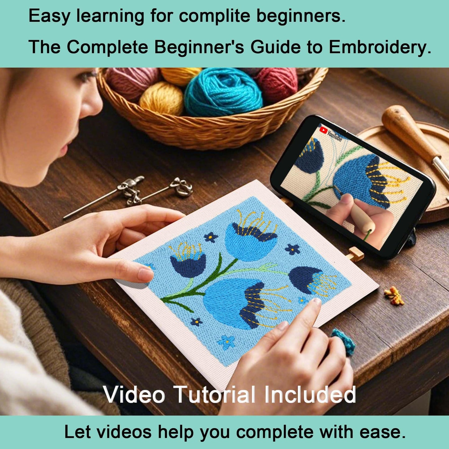 REEWISLY Embroidery Starter Kits for Beginner,Punch Needle Fabric with Pattern,Threader, Yarns,Pinch Needle, Embroidery Hoops & Rug Punch (Blue1)