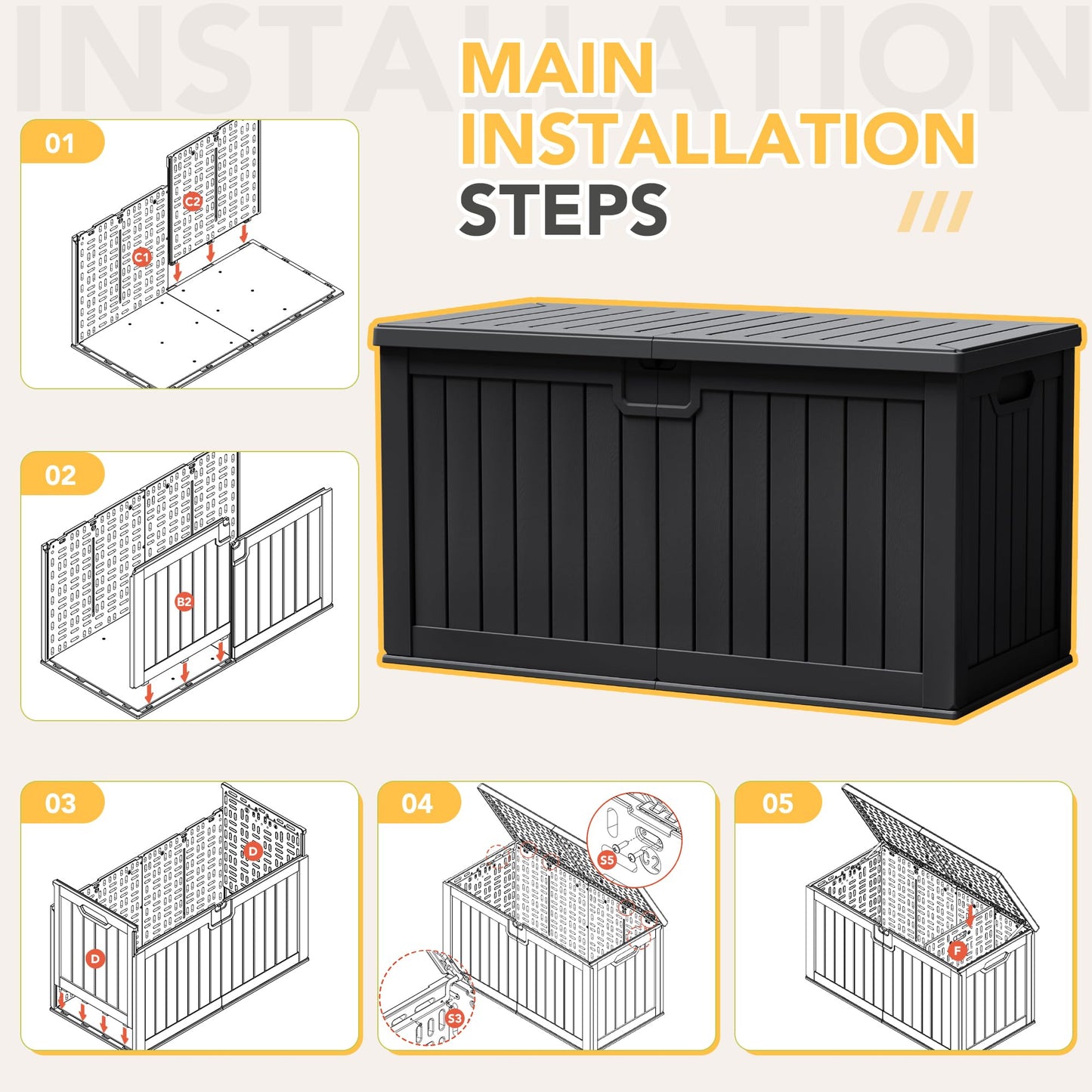 Acurax 240 Gallon HDPE Deck Box Outdoor Indoor Waterproof Storage Box for Patio Furniture, Pool Accessories, Garden Tools, and Cushion Storage, Black