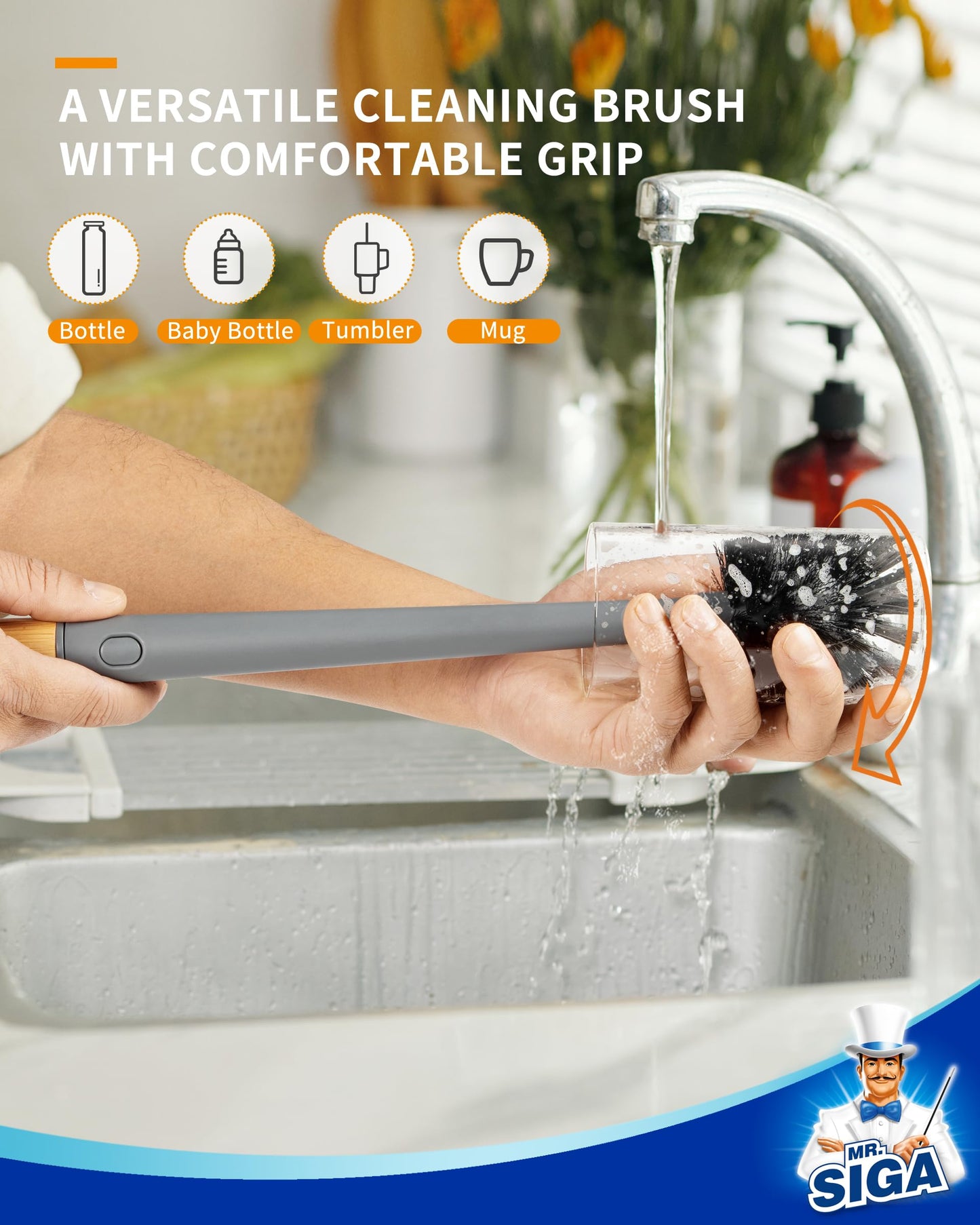 MR.SIGA Water Bottle Brush and Straw Cleaner Brush, Long Handle Bottle Cleaner Brush, 2 in 1 Bottle Cleaning Brush for Sports Bottles, Baby Bottles, Mugs, Straws, Gray