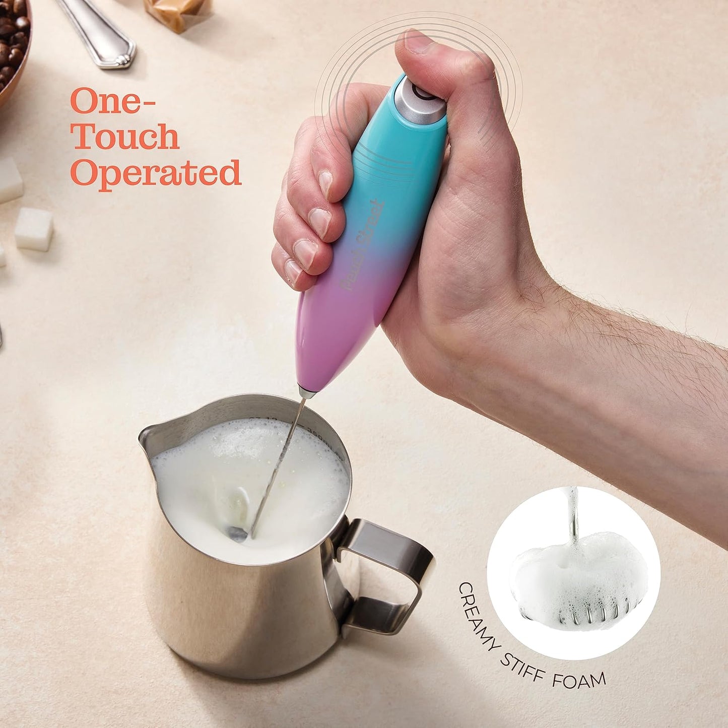 Powerful Handheld Milk Frother - Mini Milk Foamer, Battery Operated Stainless Steel Mixer with Frother Stand