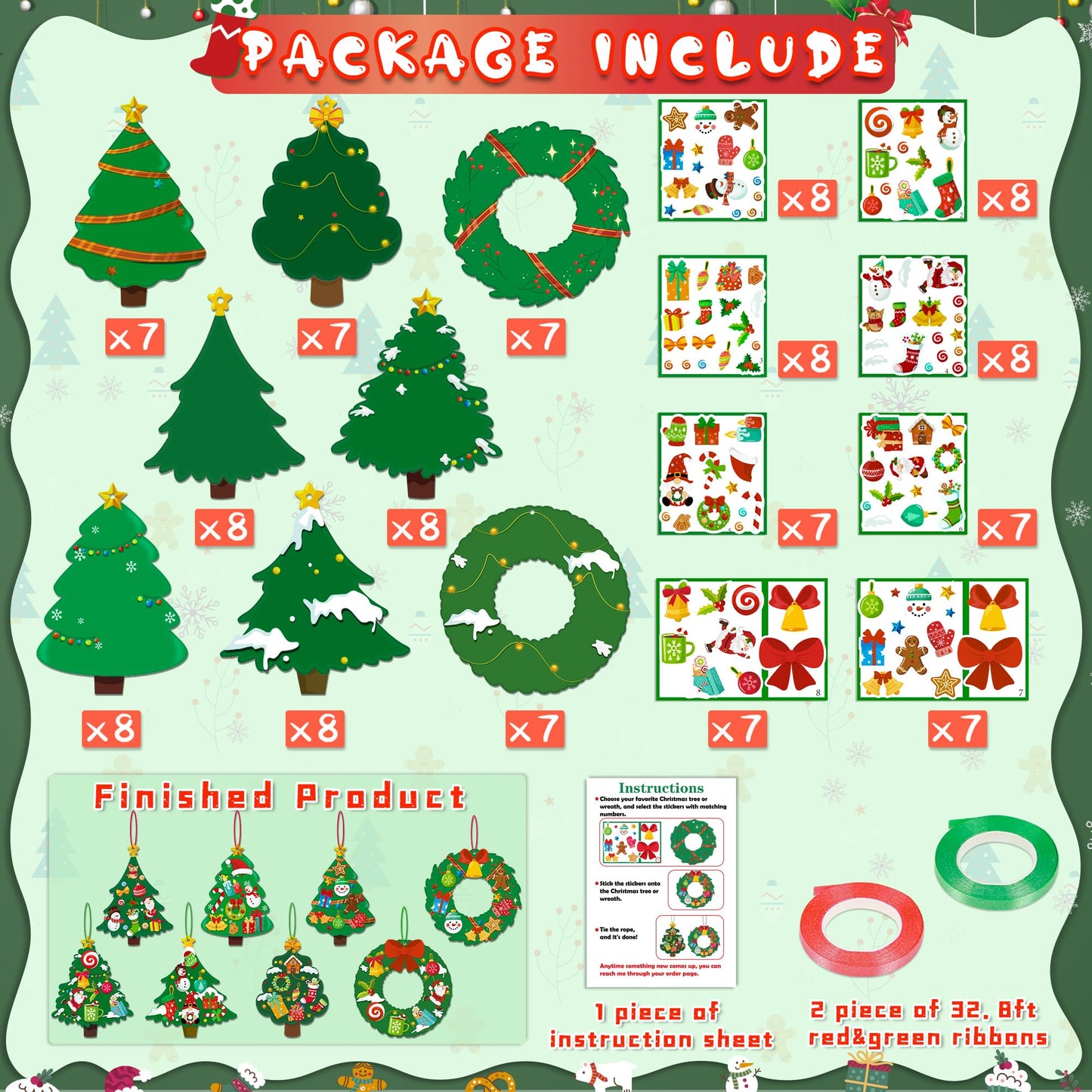 80UncleKimby 60pcs Christmas Crafts for Kids - DIY Xmas Tree Wreath Ornaments with Sticker Kits - Set for Holiday Decorations, Party Favors, and Classroom Activities