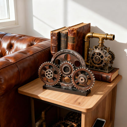FMTITF Antique Copper Steampunk Gear Train Sculpture, Industrial Decor Statue for Bookshelf, Heavy Duty Resin Figurine with Mechanical Gears, Home Office Decor Gift for Men, Man Cave Collectible Art