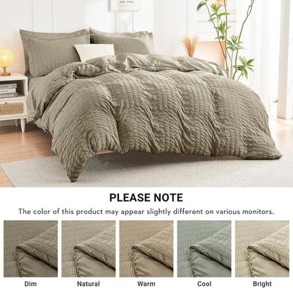 HYMOKEGE Queen Comforter Set - 7-Piece Seersucker Luxury Bedding Set for All Seasons | Includes Comforter, Sheets, Pillowcases & Shams