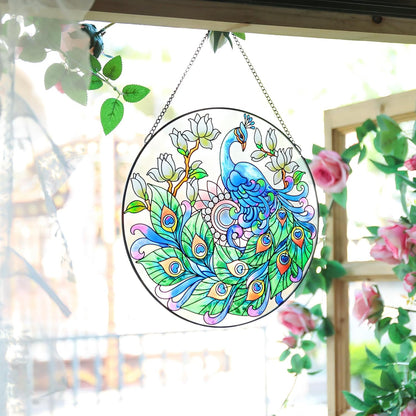 MUMTOP Stained Glass Window Hanging Suncatcher, Peacock Design Hand-Painted Glass Panel Home Decor, 12 Inch