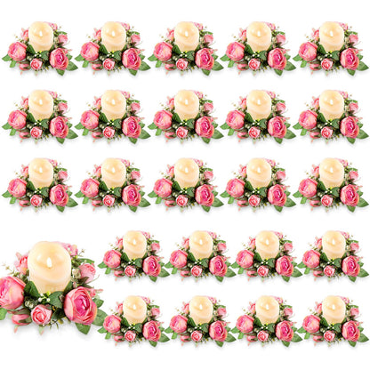 Kittmip 24pcs Candle Rings Bulk 3 Inch Artificial Candle Ring Wreaths with Flameless Candles Battery Operated LED Pillar Candleholders for Christmas Wedding Party Table Centerpiece Decor(Rose)