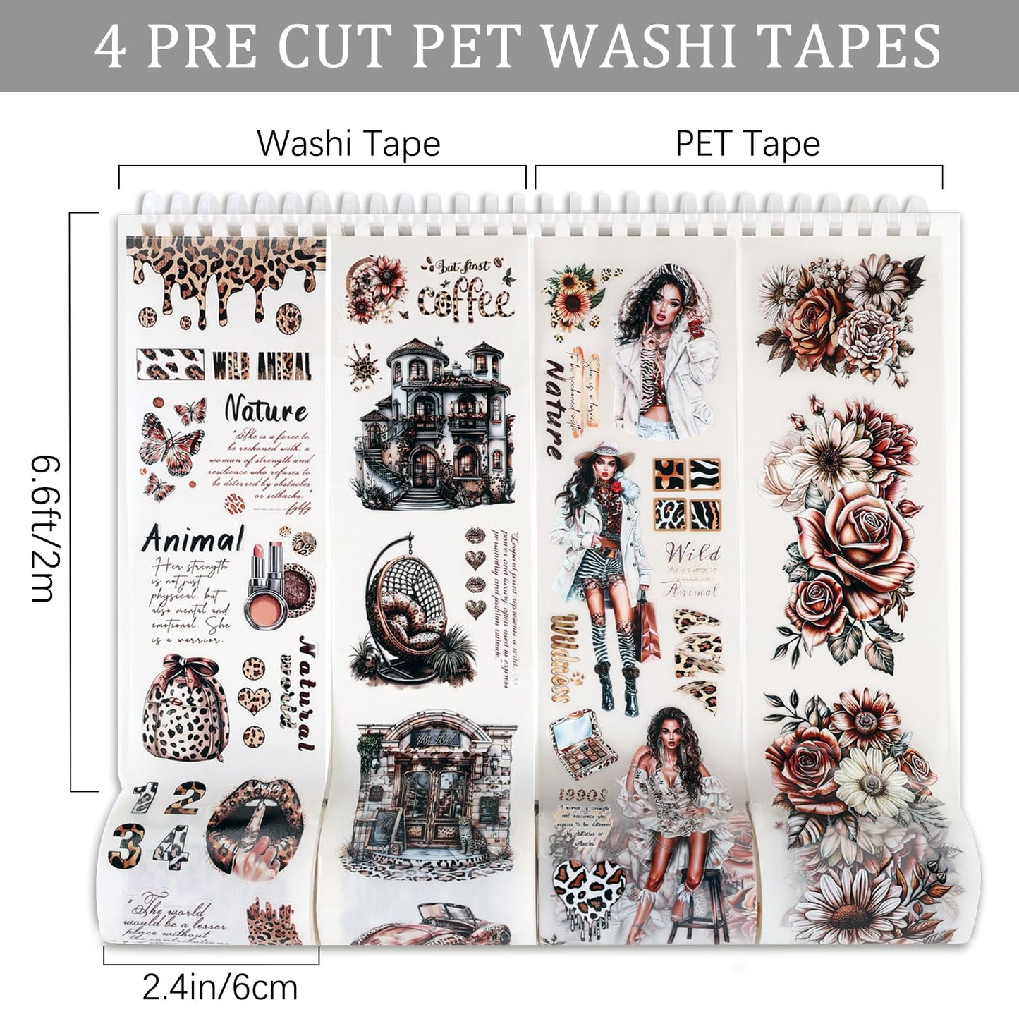 Dizdkizd Washi Tape Set, 4 Pre-Cut Animal Print PET & Washi Tapes Stickers with Diverse Sexy Women, Flowers, Adult Journaling Supplies for Collage Scrapbooks Craft Project