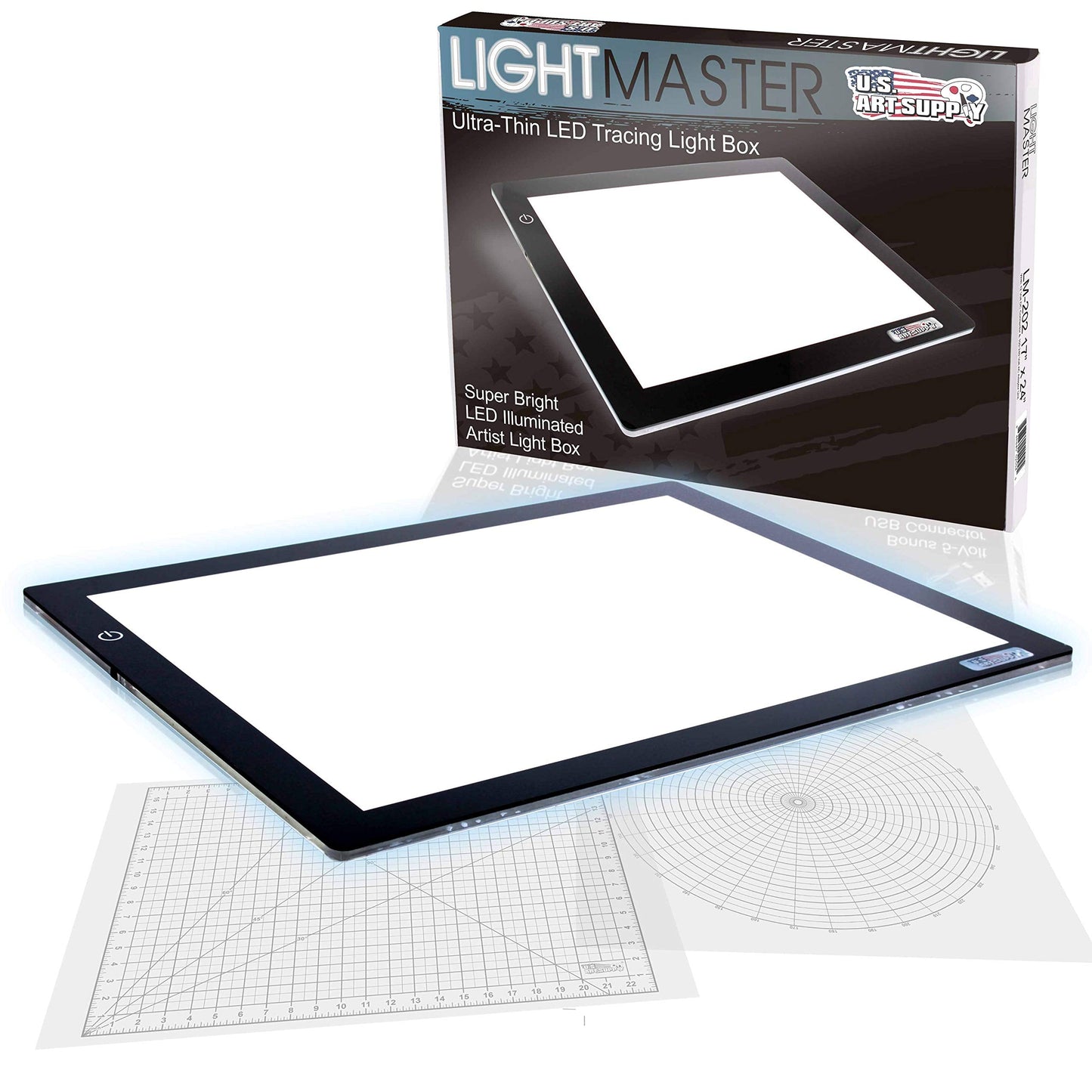 U.S. Art Supply Lightmaster 17"x24" (A2) LED Lightbox Board - 32.5" Diagonal, Ultra-Thin, Dimmable Light Pad - Measuring Grid & Protractor Included - 110V, Flicker-Free, Portable, 50,000 Hour LEDs