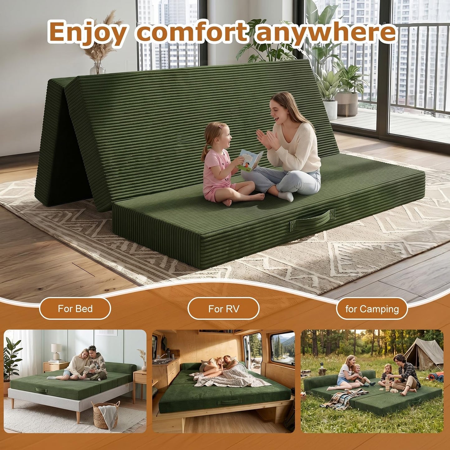 JUIKURY 5 in 1 Foldable Floor Sofa Bed, Tri-Fold Memory Foam Futon Mattress, Convertible Sleeper Couch Guest Bed, Portable Fold Out Sofa Couch for Living Room Apartment Office Guest Room