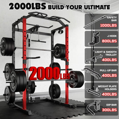 Goimu C1-V4 Power Cage, 2000LBS Squat Rack with LAT Pulldown, Multi-Function Weight Cage Strength Training Machine, Workout Cage with More Attachments for Home Gym Garage (220LBS RD Home Gym Package)