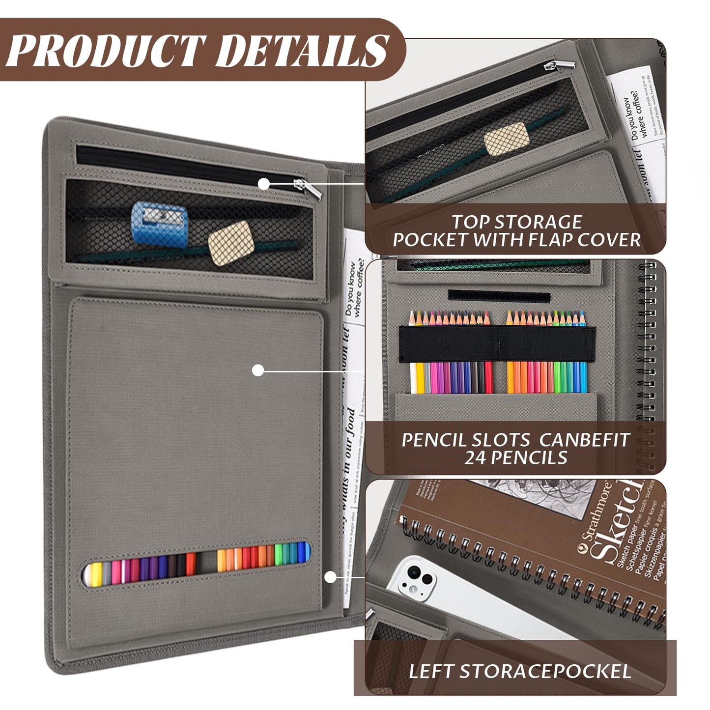 Plinyvel Leather Sketchbook Cover for 9x12 - Travel Portfolio Case with Storage, Holds Large Sketch Book & Spiral Pad | All-in-One Artist Organizer with Pencil Holder (Gray