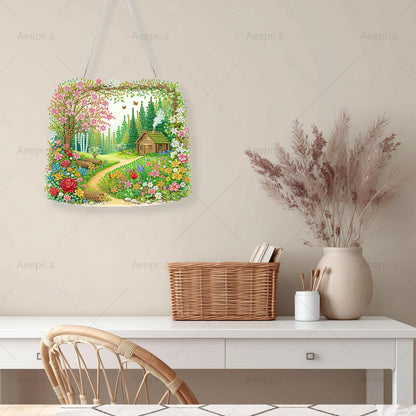 Aeepics Hanging Diamond Art Kit for Adult, DIY Diamonds Painting Pendant Ornament Kit, Acrylic Diamond Art Painting Board Kit (Cabin in The Wood)