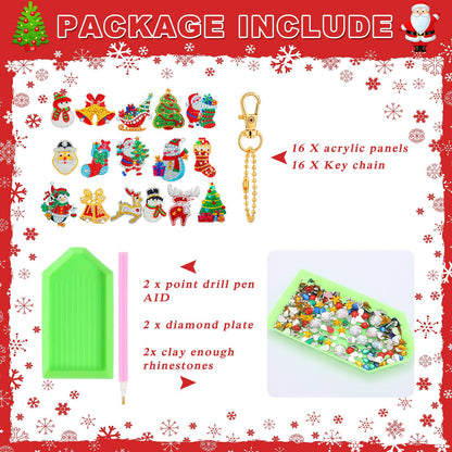 WILLBOND 16 Pieces Christmas Diamond Key Chain Kits Double Sided Diamond Art Keychain Bulk Diamond Christmas Ornament 5D Diamond DIY Painting Key Ring Pendant Christmas Tree for DIY Christmas Decor