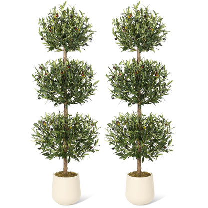 2 Pcs Artificial Olive Tree, 5FT Tall Olive Trees Artificial Indoor, Fake Olive Tree with Planter, 3-Tier Spherical Design Faux Olive Tree for Home Office Decor