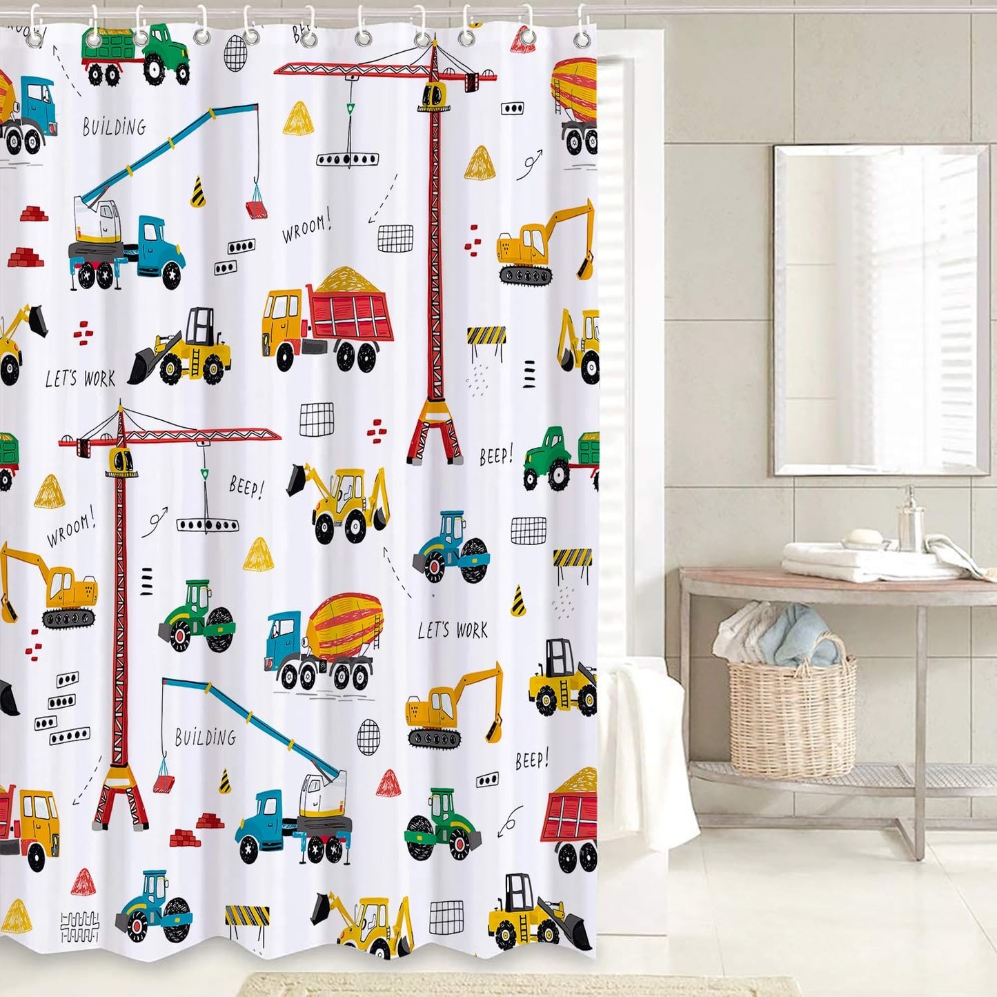 GRIEKOWE 4 Sets, Bulldozer Set, 72x72in Pcs Excavator Kids Shower Curtain Tractor Machinery Trucks, Construction