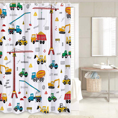 GRIEKOWE 4 Sets, Bulldozer Set, 72x72in Pcs Excavator Kids Shower Curtain Tractor Machinery Trucks, Construction