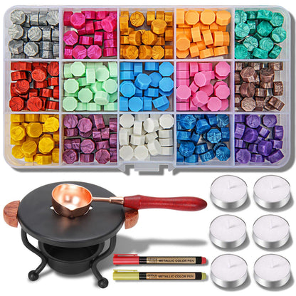 YIPLED Sealing Wax Kit, 310 Pcs With Beads, 2 Pens, Warmer, Stamp Spoon and Candles for Letter Sealing, Envelopes, Custom Invitations - 15 Colors