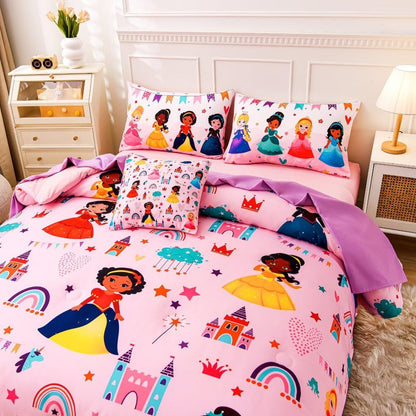 GRAT TIOC 6 Pieces Pink Princess Comforter Set for Girls Twin,Bed in A Bag Princess Bedding Set for Girl Kids (1 Comforter,1 Flat Sheet,1 Fitted Sheet,2 Pillowcases and 1 Cushion Cover)