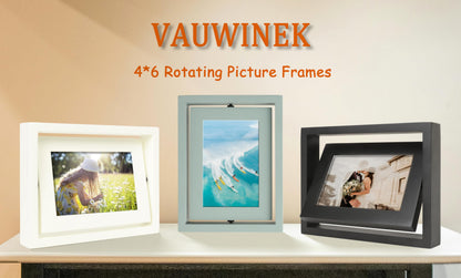 VAUWINEK 4x6 Double-Sided Rotating Floating Picture Frames (2 Pack, Teal Blue), Solid Pine Wood with Real Glass for Horizontal Vertical Standing Display Desk Tabletop Photo Frames