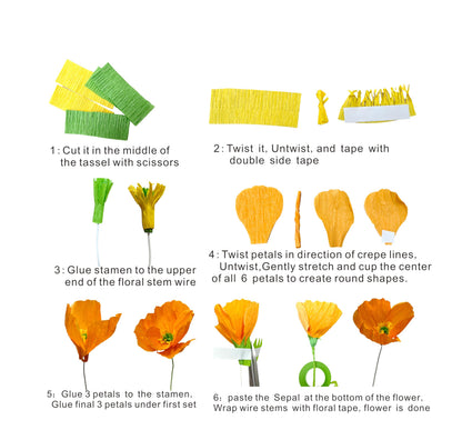 Mybbshower Orange Crepe Paper Poppy Flower DIY Making Kit Home Decoration Table Decor Pack of 24 pcs