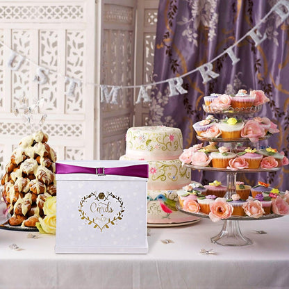 Wedding Card Box with 2 Color Ribbons, 10"x10" Textured White Box with Golden Embossed Hearts Design