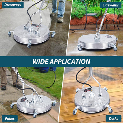 Takywep Heavy Duty Stainless Steel Pressure Washer Surface Cleaner – Dual Handle, 4 Wheels, 2 Nozzles, 3/8" Quick Connect, 4000 PSI – for Driveways, Patios, Decks, Sidewalks – Disc Diameter 24"