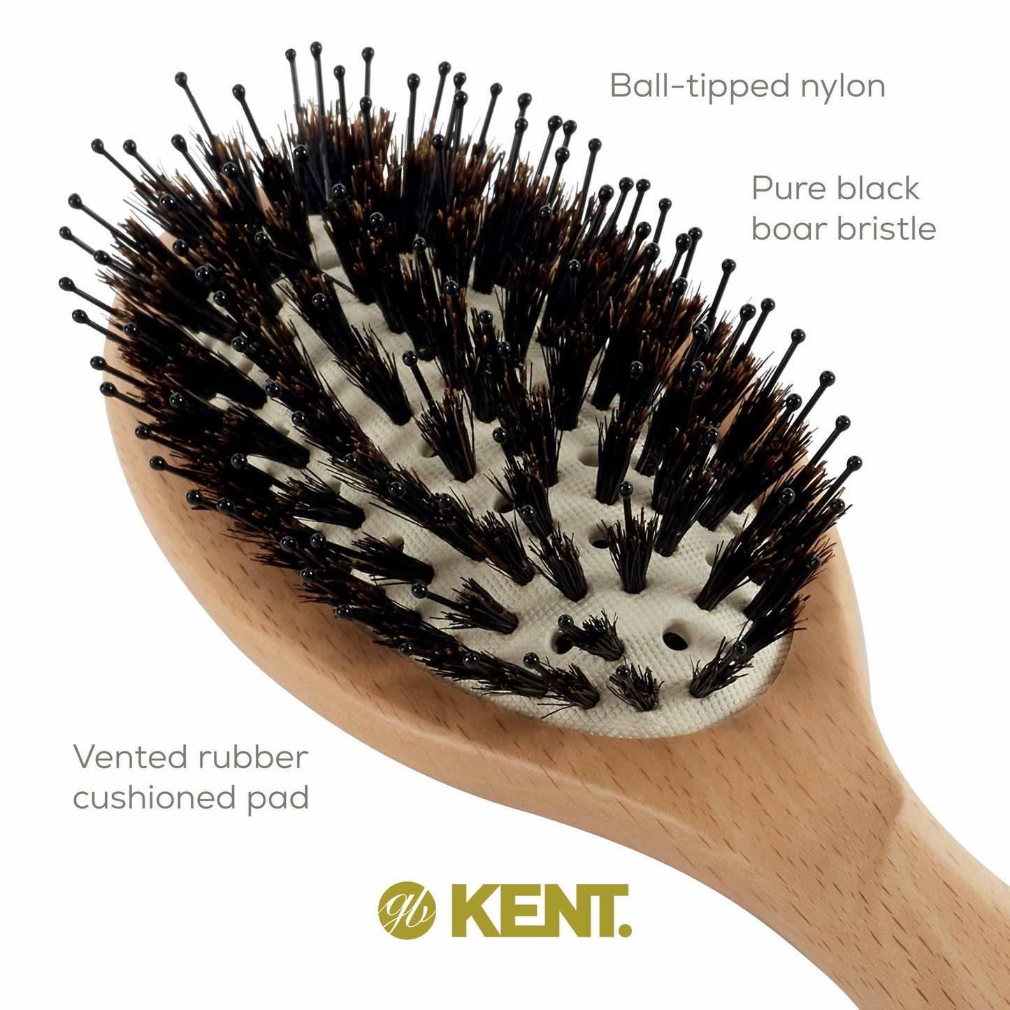 Kent PF01 Large Cushion Detangler Brush, Boar Bristle and Non-Scratch Nylon Mix Hairbrush for Straightening Smoothing. Oval Wood Paddle Detangling Hair Brush for Medium to Long Hair, Made in England