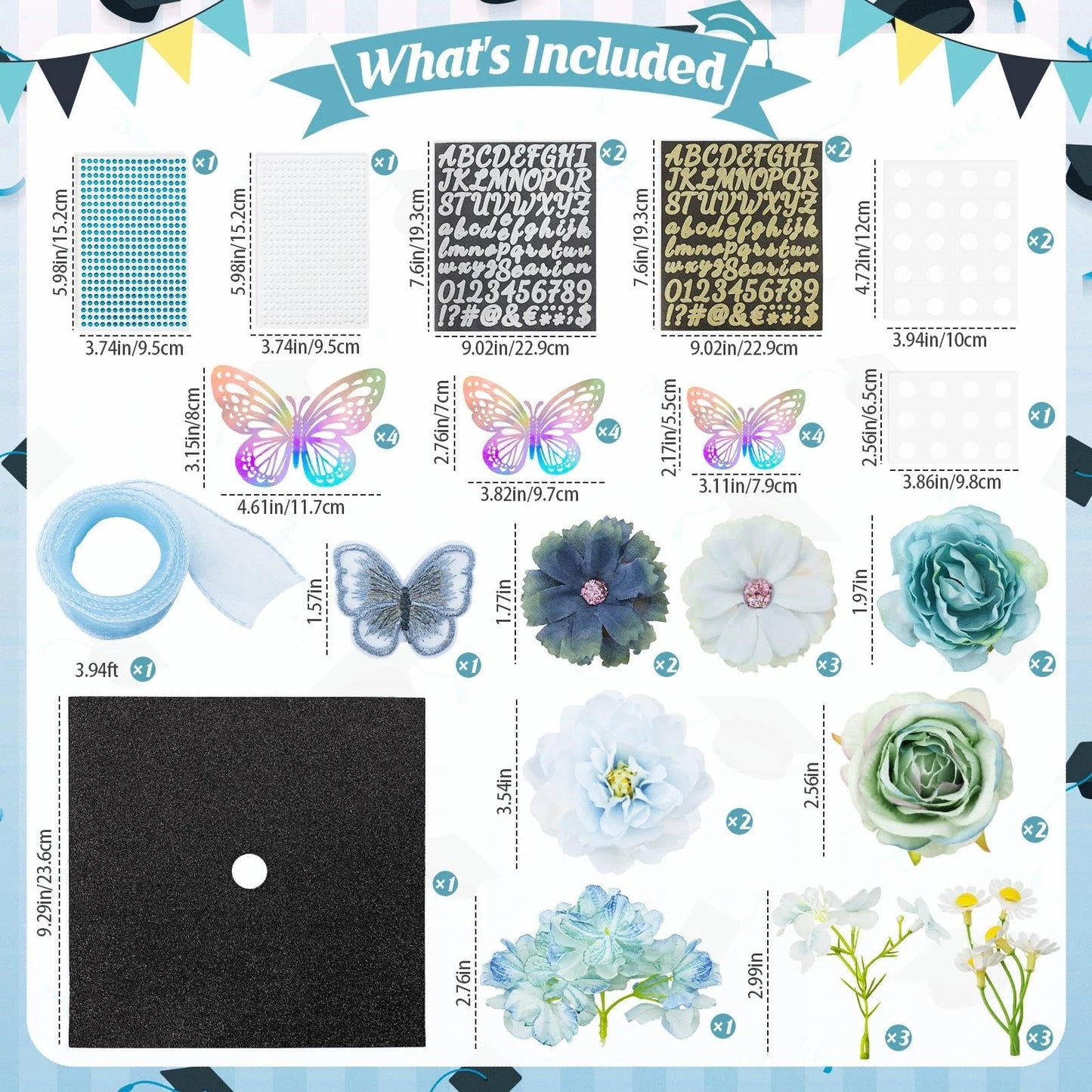 HCKLM Graduation Cap Decorations Kit - Assorted Flowers 3D Butterfly Stickers Glitter Rhinestones Alphabet Letter Number Stickers for DIY Grad Cap Topper 2026 Graduation Party Supplies (Blue)