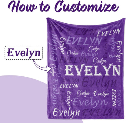 Personalized Custom Purple Theme Light Soft Flannel Fleece Throw Blanket with Name for Men, Women, Boys, Girls, Kids