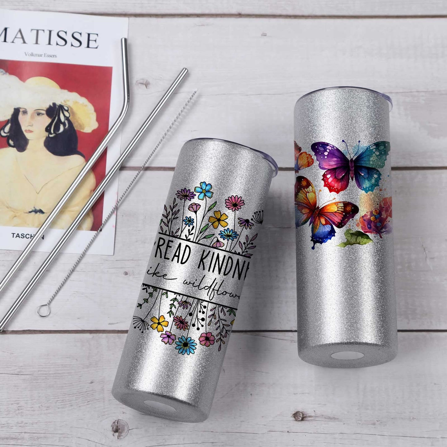 Wzaytia Glitter Sublimation Tumblers 20 Oz Skinny Straight, 8 Pack Sublimation Glitter Skinny Tumbler Blanks, Insulated Stainless Steel Tumbler, Silver