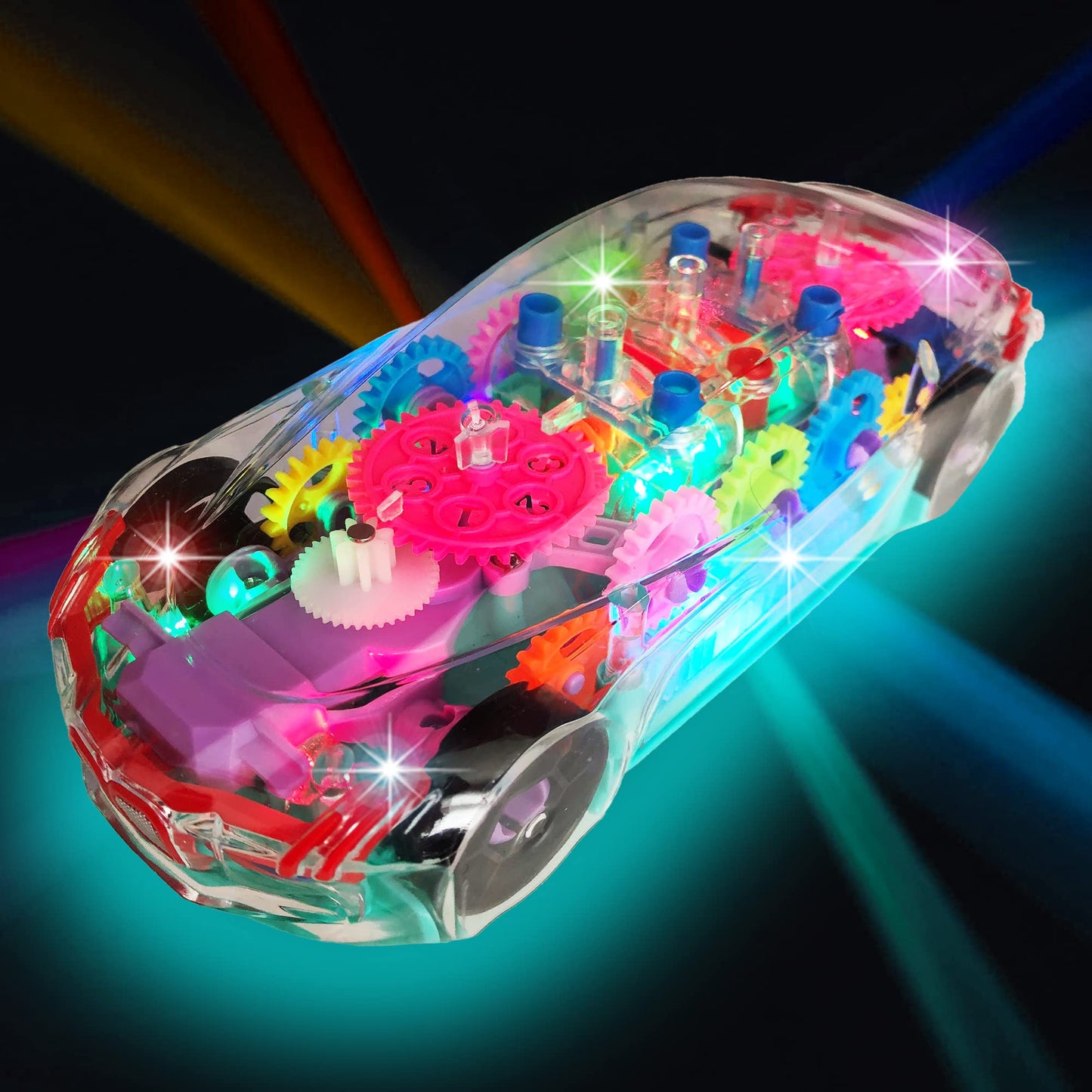 ArtCreativity Light Up Transparent Sensory Car Toy for Kids, 1PC, Bump and Go Toy Car with Colorful Moving Gears, Music, and LED Effects, Easter Toys for Toddlers, Great Birthday Gift Idea