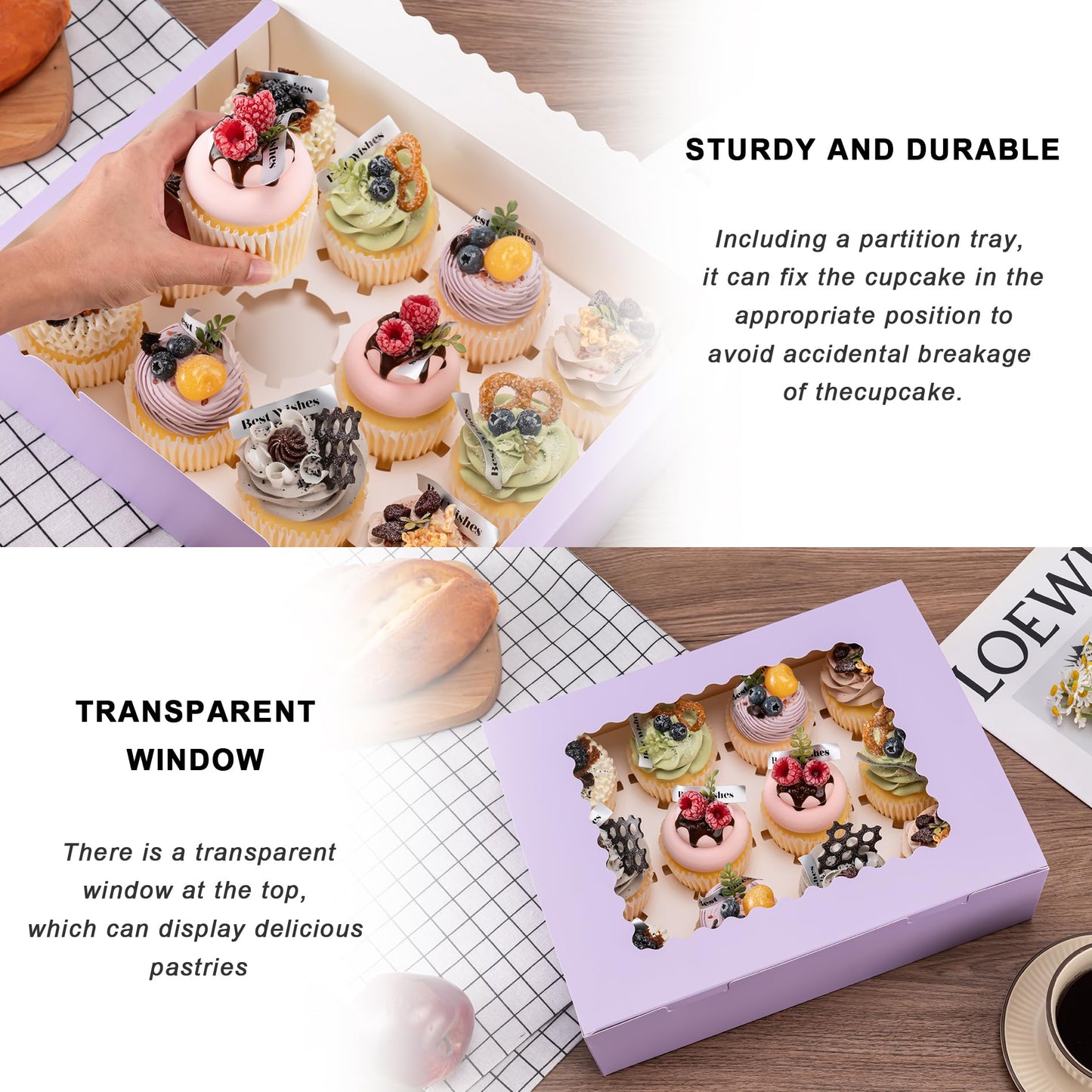 Hoewina 6PCS Cupcake Boxes - Hold 12 Count Cupcake Containers with Window, Food Grade Cupcake Holder Easy Transport and Presentation - Ideal for Cupcakes, Desserts, and More (Light Purple)