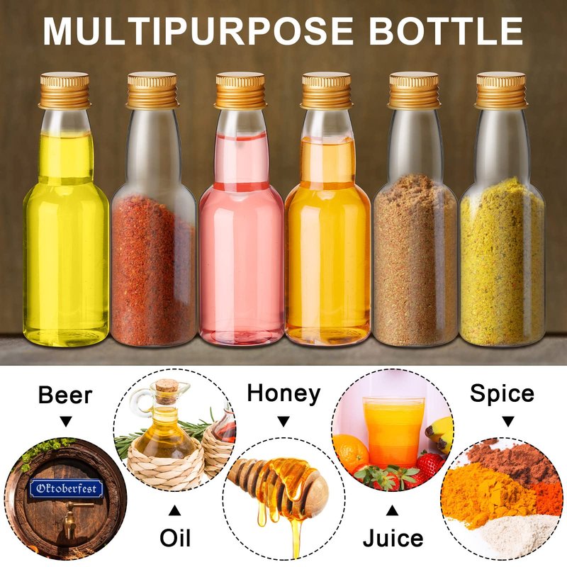 120 Pcs Mini Liquor Bottles Airtight Shot Miniature Empty Plastic Alcohol Spirit Shot Bottles with Funnels for Party Favors, Weddings(2 oz,Gold)