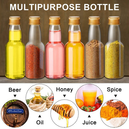 120 Pcs Mini Liquor Bottles Airtight Shot Miniature Empty Plastic Alcohol Spirit Shot Bottles with Funnels for Party Favors, Weddings(2 oz,Gold)